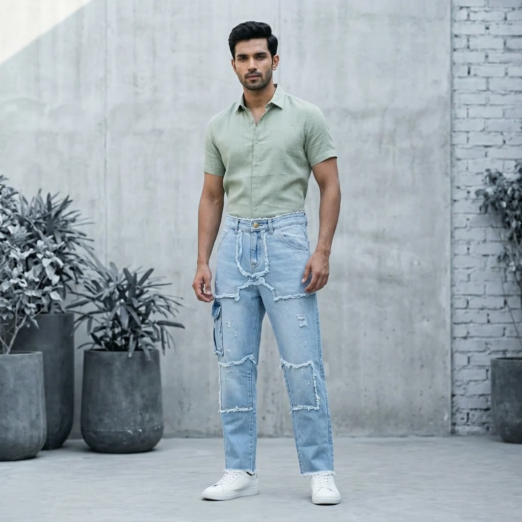 Light Blue Distressed Patchwork Men’s Straight Fit Denim Jeans (5)