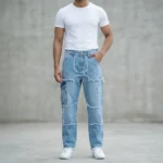 Light Blue Distressed Patchwork Men’s Straight Fit Denim Jeans (6)