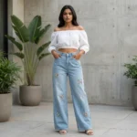 Light Blue Wide Leg High Waisted Denim Jeans with Rhinestone Bow Embellishments (1)