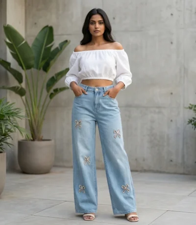 Light Blue Wide Leg High Waisted Denim Jeans with Rhinestone Bow Embellishments (1)