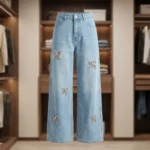 Light Blue Wide Leg High Waisted Denim Jeans with Rhinestone Bow Embellishments (2)