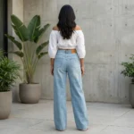 Light Blue Wide Leg High Waisted Denim Jeans with Rhinestone Bow Embellishments (4)