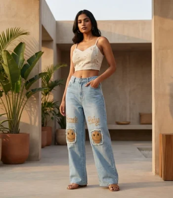 Light Wash High Waist Wide Leg Jeans with Smile Baby Embroidery and Patchwork (1)