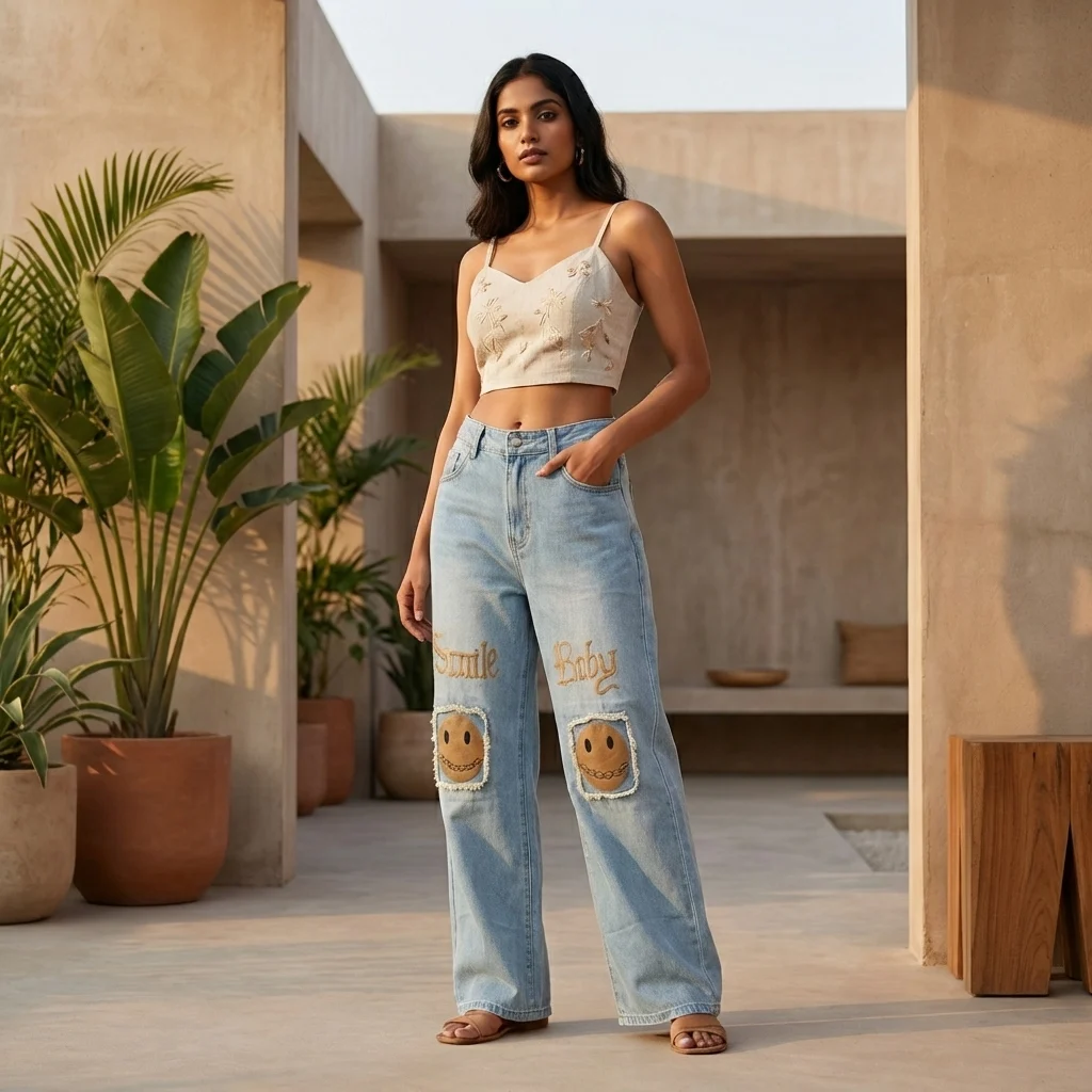 Light Wash High Waist Wide Leg Jeans with Smile Baby Embroidery and Patchwork (1)