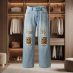Light Wash High Waist Wide Leg Jeans with Smile Baby Embroidery and Patchwork (2)
