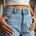 Light Wash High Waist Wide Leg Jeans with Smile Baby Embroidery and Patchwork (3)