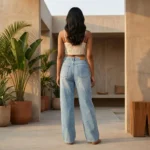 Light Wash High Waist Wide Leg Jeans with Smile Baby Embroidery and Patchwork (4)