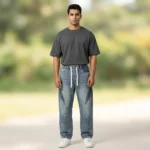 Light blue acid wash baggy jogger jeans with dark blue side panels and white drawstrings (4)