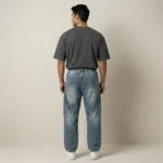 Light blue acid wash baggy jogger jeans with dark blue side panels and white drawstrings (5)