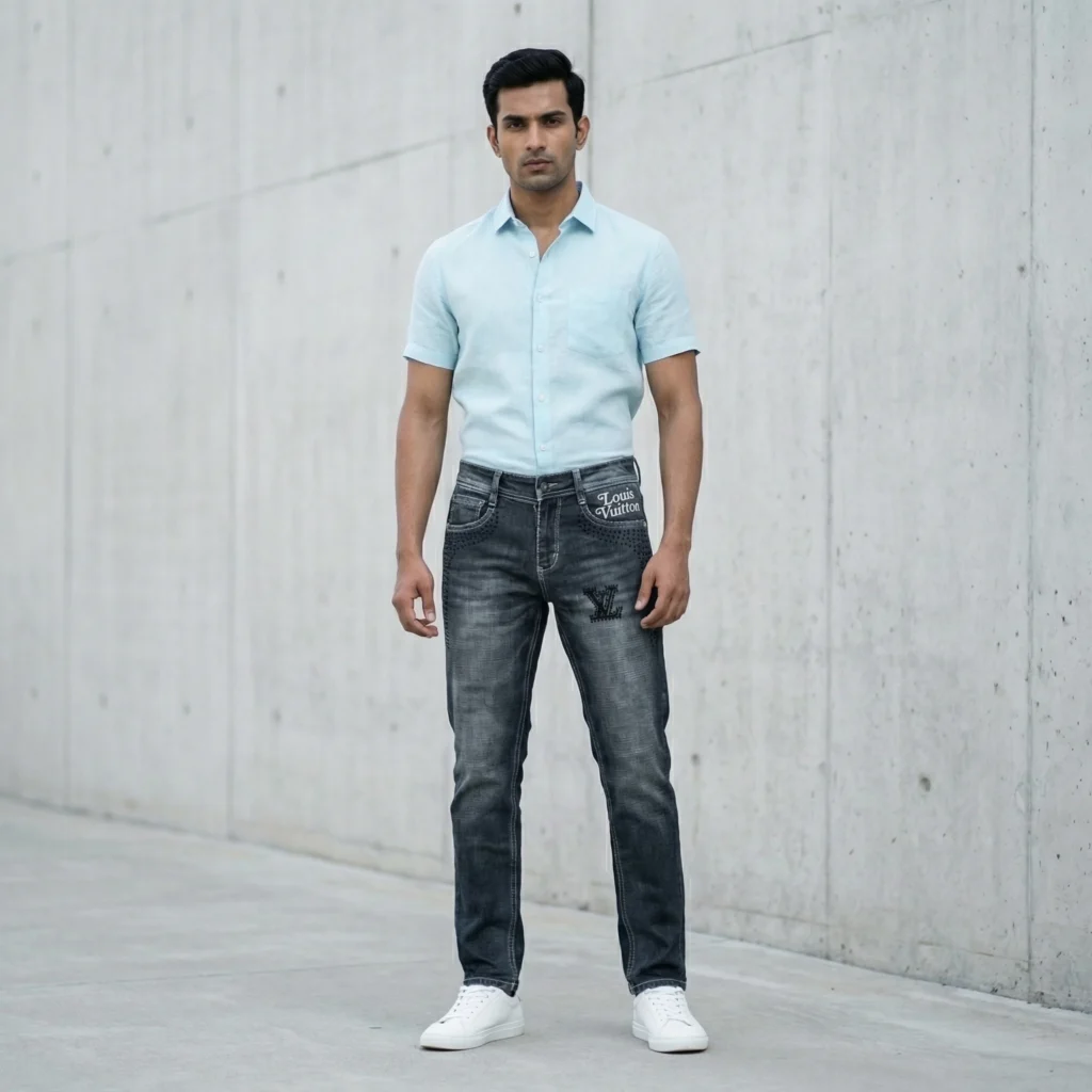 Louis Vuitton Men’s Slim Fit Dark Wash Denim Jeans with Studded LV Logo Detail (1)