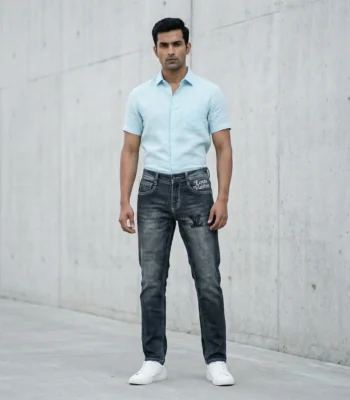 Louis Vuitton Men’s Slim Fit Dark Wash Denim Jeans with Studded LV Logo Detail (1)