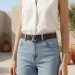 Louis Vuitton women's reversible monogram belt with silver LV initiales buckle on a stone pedestal (2)