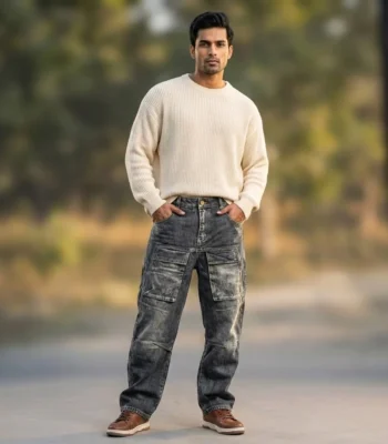 Men's Acid Wash Baggy Cargo Denim Jeans (2)