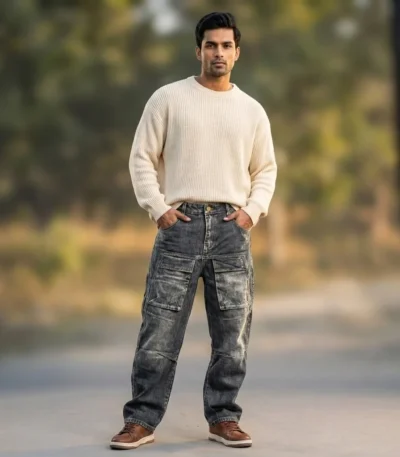 Men's Acid Wash Baggy Cargo Denim Jeans (2)