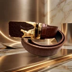 Men's Brown Croco Embossed Leather Belt with Gold Tone Crocodile Automatic Buckle (2)