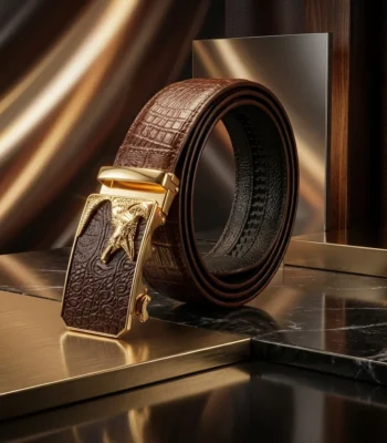 Men's Brown Croco Embossed Leather Belt with Gold Tone Crocodile Automatic Buckle (4)