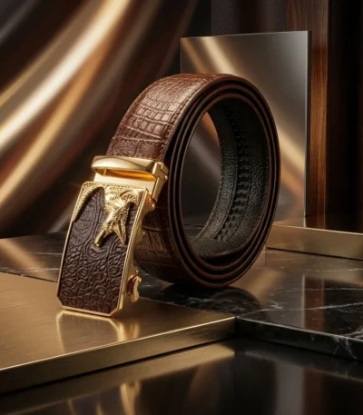 Men's Brown Croco Embossed Leather Belt with Gold Tone Crocodile Automatic Buckle (4)