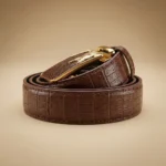 Men's Brown Croco Embossed Leather Belt with Gold Tone Crocodile Automatic Buckle (5)
