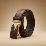Men's Brown Croco Embossed Leather Belt with Gold Tone Crocodile Automatic Buckle (6)