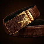 Men's Brown Croco Embossed Leather Belt with Gold Tone Crocodile Automatic Buckle (7)