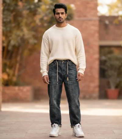 Men's Dark Wash Baggy Fit Denim with Adjustable Waist Drawstrings (2)