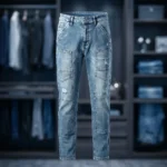 Men’s Light Blue Distressed Slim Fit Cargo Style Denim Jeans (2)