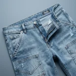 Men’s Light Blue Distressed Slim Fit Cargo Style Denim Jeans (3)