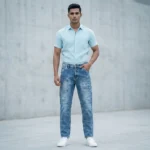 Men’s Light Blue Distressed Slim Fit Cargo Style Denim Jeans (6)