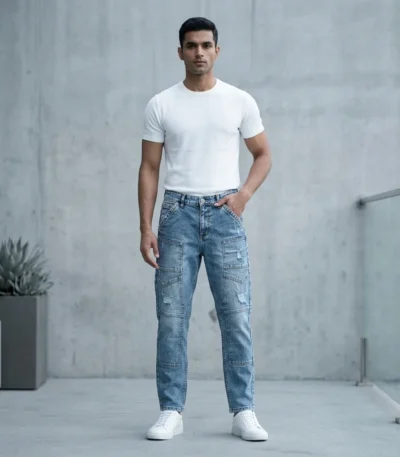 Men’s Light Blue Distressed Slim Fit Cargo Style Denim Jeans (7)