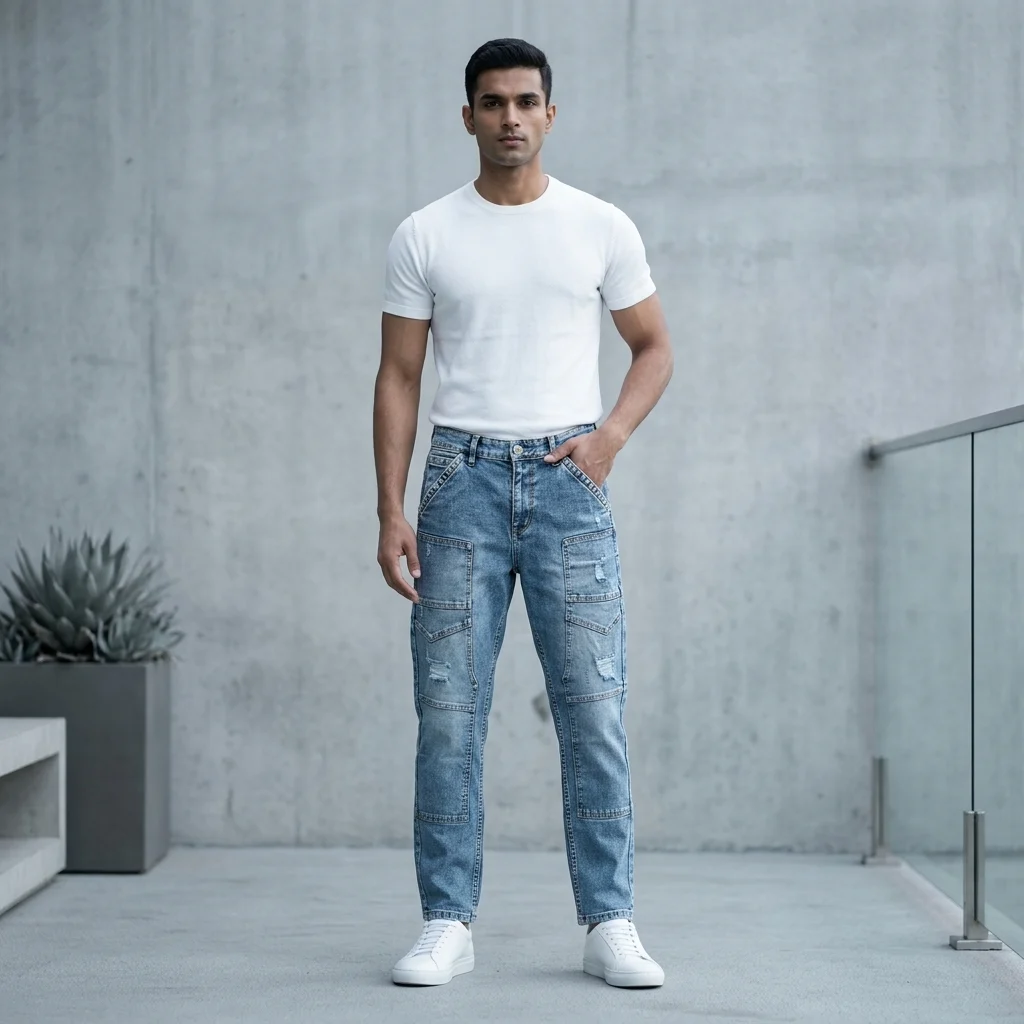 Men’s Light Blue Distressed Slim Fit Cargo Style Denim Jeans (7)