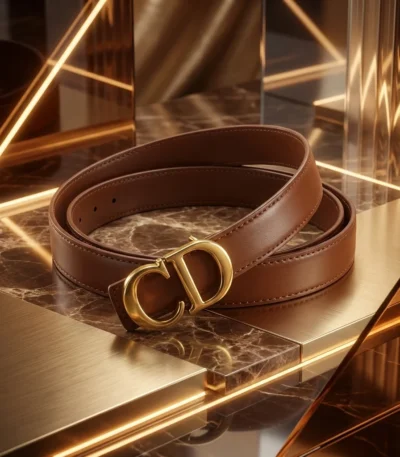 Men’s Luxury Tan Leather Belt with Gold CD Monogram Buckle (2)