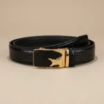 Men's Premium Black Crocodile Texture Leather Belt with Gold Automatic Wolf Buckle (1)
