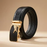 Men's Premium Black Crocodile Texture Leather Belt with Gold Automatic Wolf Buckle (2)