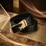 Men's Premium Black Crocodile Texture Leather Belt with Gold Automatic Wolf Buckle (3)