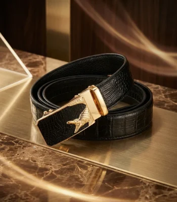 Men's Premium Black Crocodile Texture Leather Belt with Gold Automatic Wolf Buckle (3)
