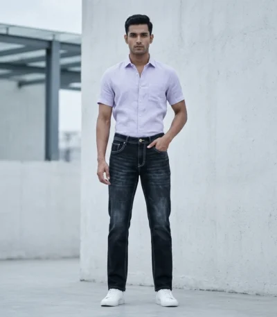 Men's Slim Fit Dark Grey Washed Denim Jeans with Contrast Stitching (1)