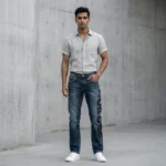 Men's Slim Fit Dark Wash Blue Jeans with Gold Studded Pockets and Side Branding (1)