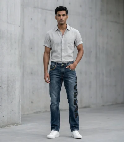 Men's Slim Fit Dark Wash Blue Jeans with Gold Studded Pockets and Side Branding (1)