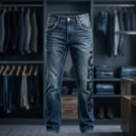 Men's Slim Fit Dark Wash Blue Jeans with Gold Studded Pockets and Side Branding (2)