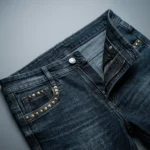 Men's Slim Fit Dark Wash Blue Jeans with Gold Studded Pockets and Side Branding (3)