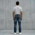 Men's Slim Fit Dark Wash Blue Jeans with Gold Studded Pockets and Side Branding (5)