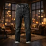 Men's charcoal grey straight fit jeans with cuffed hems and 5 pocket styling (1)