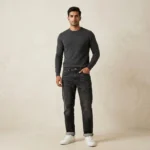 Men's charcoal grey straight fit jeans with cuffed hems and 5 pocket styling (2)