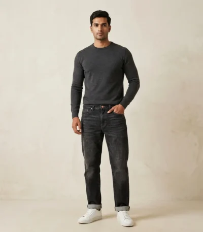 Men's charcoal grey straight fit jeans with cuffed hems and 5 pocket styling (2)