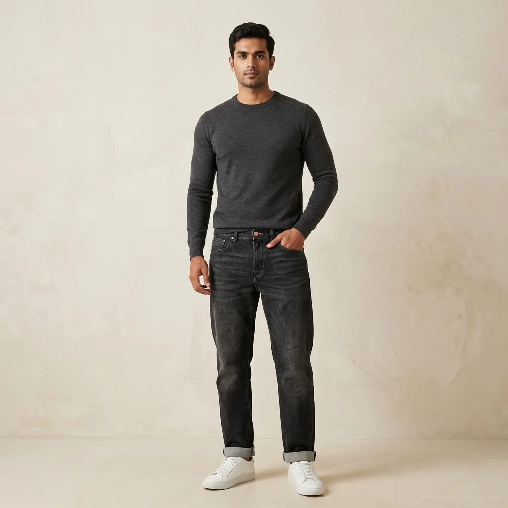 Men's charcoal grey straight fit jeans with cuffed hems and 5 pocket styling (2) Men's charcoal grey straight fit jeans with cuffed hems and 5 pocket styling (2)