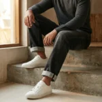 Men's charcoal grey straight fit jeans with cuffed hems and 5 pocket styling (5)