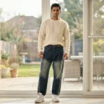 Men’s dark blue baggy fit vintage wash raw denim jeans with paneled stitching (1)