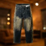 Men’s dark blue baggy fit vintage wash raw denim jeans with paneled stitching (1)