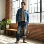 Men’s dark blue baggy fit vintage wash raw denim jeans with paneled stitching (2)