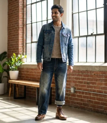 Men’s dark blue baggy fit vintage wash raw denim jeans with paneled stitching (2)